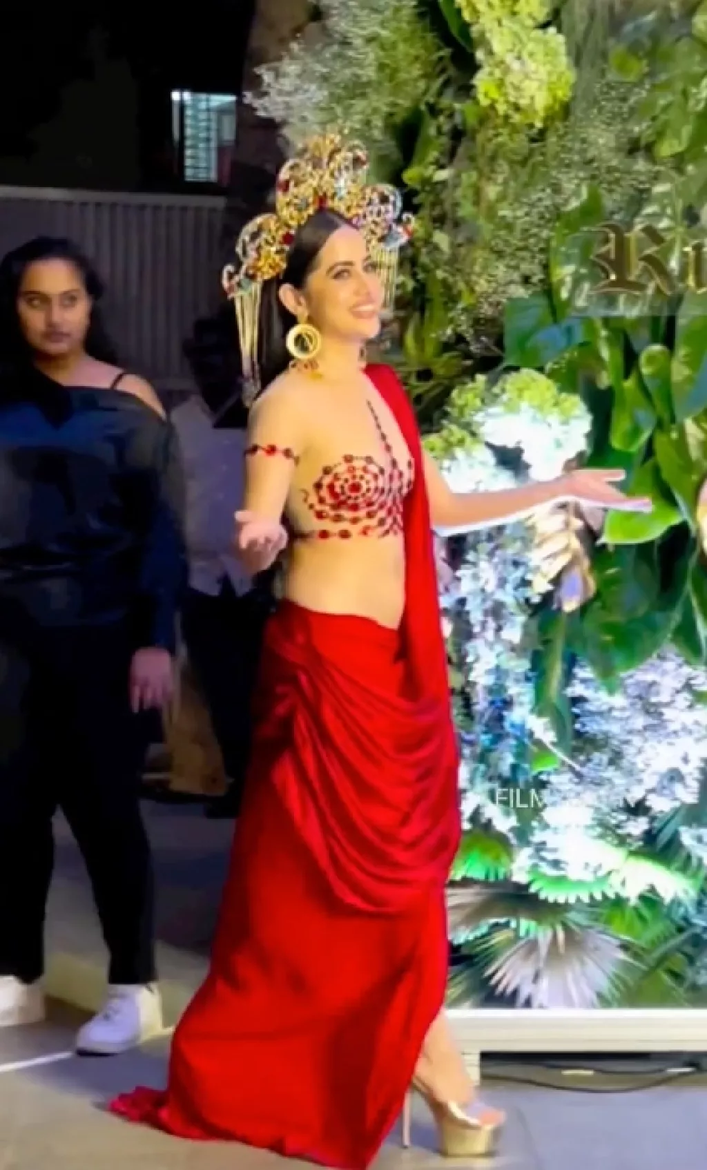 Urfi Javed Dons A Hot Red Saree With Nude Red Stone Embellished Blouse