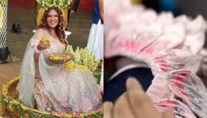 Richa Chadha Stuns In An Old-Rose Lehenga At 'Sangeet', Pairs It With 3D Hand-Sewn 'Medinilla Choli'