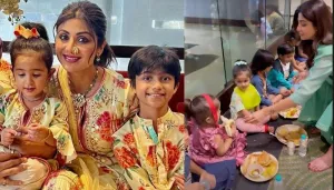 Shilpa Shetty's Daughter Looks Jealous As Mom Peels Banana For A 'Kanjak' During 'Ashtami Puja'