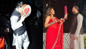 Raj Kundra Hides His Face Behind A Karwa Chauth Sieve, User Says 'Shilpa Ne Cartoon Se Shadi Ki Hai'