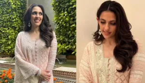 Mukesh Ambani's 'Badi Bahu', Shloka Dons A Blush Pink Abu Jani Sandeep Khosla Suit At The IOC Launch
