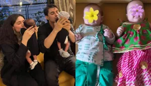 Pankhuri Awasthy Enjoys 1st Maha Ashtami With Twin Kids, Dresses Them In 'Dhoti-Kurta' And Lehenga