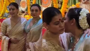 Kajol And Rani Mukerji Twin In Cream-Hued Sarees On Navami, Shares A Cosy Hug While Posing For Paps
