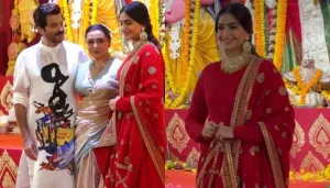 Sonam Kapoor Dons A Red Sabyasachi Mukherjee 'Anarkali' On Navami, Anil Kapoor Joins Her At 'Pandal'