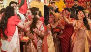 Rani Mukerji Tightly Hugs Rupali Ganguly During 'Sindoor Khela', Duo Grooves On The Beats Of 'Dhak'