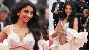 Dolly Singh Wore Abu Jani Sandeep Khosla's White Drape Skirt With A Pearl Bralette At Cannes Debut