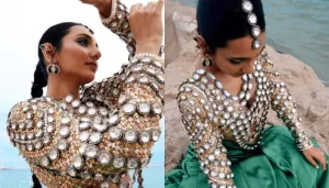 Masoom Minawala Wore Abu-Sandeep's Bejewelled Blouse And Skirt With 3.5 Meter Long Trail For Cannes