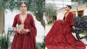 Sabyasachi Bride, Veda Avula Sheds Royalty In A Dark Maroon Lehenga With Gold Embellished Jewellery