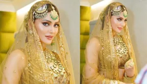 Urvashi Rautela Dons A Bridal Look, Stuns In A Golden-Hued Lehenga 'Choli' With Heavy Jewellery