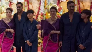 Kajol Pinches Ajay Devgn At Durga Puja Pandal, Reminds Him To Put His Hand Around Her While Posing