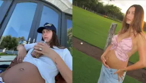 Hailey Bieber Cradles Her Baby Bump In A Butterfly Top And Shares Her Biggest Pregnancy Craving