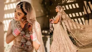 Tarun Tahiliani Bride Wore A Beige Lehenga With An Endless Veil And Customised 'Polki' Jewellery