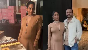Masaba Gupta Glows In Beige Gown With Diamond, Emerald And Ruby Jewellery For Her Baby Shower
