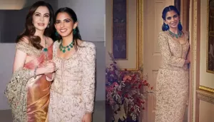 Isha Ambani Wears First 'Pink Zardozi' Column Skirt And Vintage Jacket With Her Mother's Jewellery
