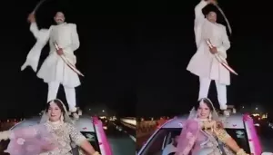 Bride Dances On Car Bonnet, Groom Swirls Sword On Top Of Their Car, Netizens Say 'No Common Sense..'