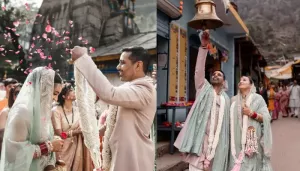 Indian Bride Exchanged Vows At Triyuginarayan Temple, Dons A Mint-Hued Saree With Sleeveless Blouse