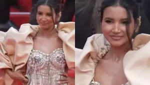 Nancy Tyagi Shines At Cannes, Wears Pearl-Encrusted Mini Dress With Puffed-Overcoat, Featuring Trail