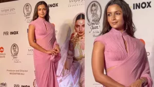 Alia Bhatt Wore A Rose Pink Saree With Unique 'Waterfall' Blouse For Rekha's Umrao Jaan Premiere