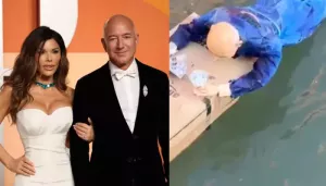 Life-Size Dummy Of Jeff Bezos Thrown Into Canal By Protestor Ahead Of Wedding With Lauren Sanchez