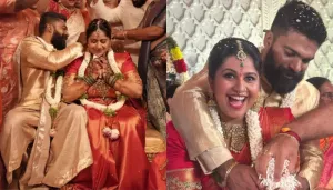 Kannada TV Host, Anushree Gets Married To Roshan, Ditches Red For An Orange And Gold Silk Saree