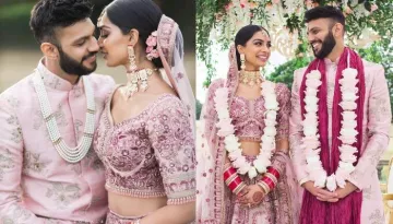 This Bride And Her Groom Wore Matching Blush Pink Ensembles For Their Wedding Day