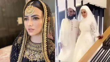 Sana Khan Shines In A Red And Golden Lehenga As She Shares A Wedding Picture With Husband