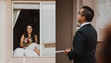 COVID Positive Bride Ties The Knot In A Unique, Quarantine Wedding Maintaining Distance From Window