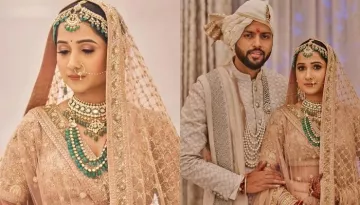 Sabyasachi Bride Wore A Minimalistic Peach-Hued Lehenga With A Pop Of Emerald Green Jewellery