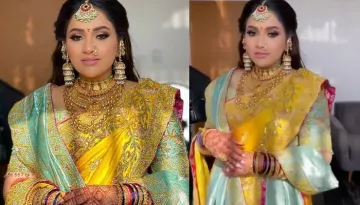 Bride Wore A Gorgeous Yellow-Hued Nauvari Saree For Her Wedding Day With Unique Statement Jewellery