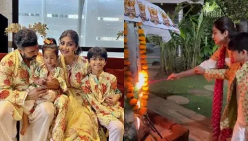 Shilpa Shetty Performs 'Raavan Dahan' With Son, Viaan, Her Daughter, Samisha Watches From A Distance