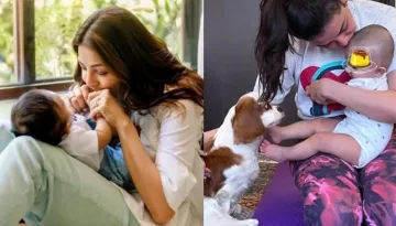 Kajal Aggarwal Gets Distracted By Her Baby Boy, Neil And Pooch While Stretching The Stiffness Away