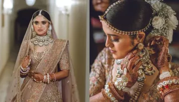 The Bride Donned A Peach-Coloured Lehenga With Floral Motifs, Styled It With Double Organza Dupatta