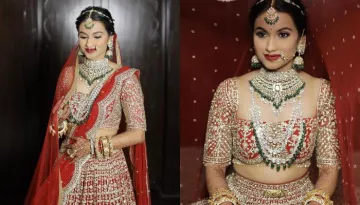 Bride Donned Falguni And Shane Peacock's Stone Studded Crimson Lehenga On Her Wedding Day