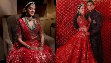 Bride Wore A Falguni And Shane Peacock's Red Lehenga With Pearl Jewellery For Her 'Sangeet'