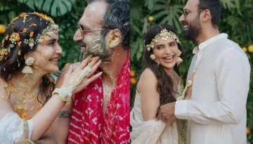 Karishma Tanna Stuns In A Green Suit For Her 'Mehendi', Hubby-To-Be, Varun Helps Her Dry The 'Henna'
