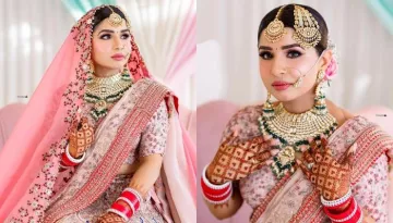 Bride Donned An Onion Pink-Coloured Lehenga By Anamika Khanna, Adorned With Stonework And Motifs