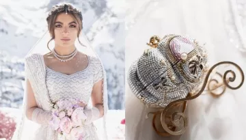 Bride Dons A White Lehenga From Abu Jani-Sandeep Khosla, Flaunts A Princess-Themed Carriage Clutch