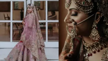 Bride Stuns In Peacock Embroidered Peach Tulle Lehenga, Styles It With Huge Stone-Studded Jewellery