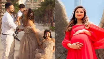 Dimpy Ganguly Flaunts Her Full-Grown Baby Bump In A Red Pleated Dress Attached With A Long Tail