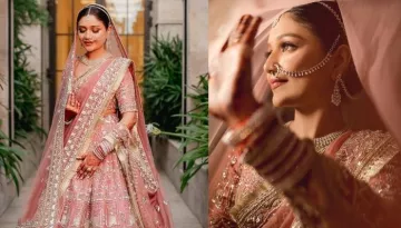 Bride Stuns In A Dusty Pink Stone-Studded Manish Malhotra Lehenga Pairs With Sleek Diamond Jewellery