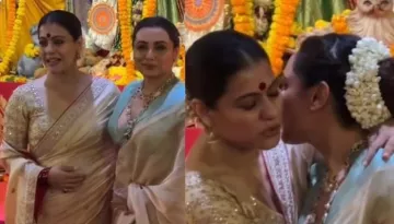 Kajol And Rani Mukerji Twin In Cream-Hued Sarees On Navami, Shares A Cosy Hug While Posing For Paps