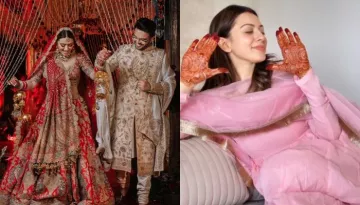 Hansika Motwani Dons A Light Pink 'Suit' On FIRST Karwa Chauth, Flaunts Her Floral 'Mehendi' Design