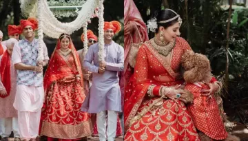 Sabyasachi Bride Slays In A Red Zari-Embroidered Lehenga, Clads Her Fur Baby In A Matching Jacket