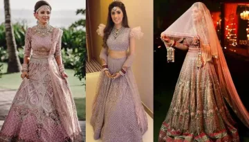 20 Brides Who Stunned In Pastel Salmon Pink To Beige Golden Falguni Shane Peacock Lehenga 'Cholis'