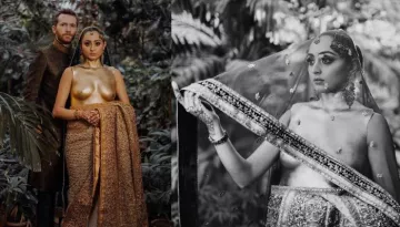 Pakistani Fashion Designer Bride Wore A Breastplate With An Antique Gold Saree For Her Reception