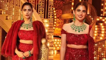 Isha Ambani Dazzles In Manish Malhotra's Bordeaux Ensemble For Anant And Radhika's Mela Rouge Event