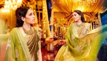 Shloka Mehta Stuns In A Golden 'Paan' Tissue Saree Worth Rs. 60K For Anant And Radhika's 'Mehendi'