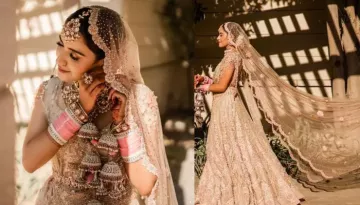 Tarun Tahiliani Bride Wore A Beige Lehenga With An Endless Veil And Customised 'Polki' Jewellery