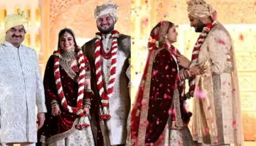 Gautam Adani's Son, Jeet Gets Married To Diva Shah, Bride Slips Into Sabyasachi's Dual-Toned Lehenga