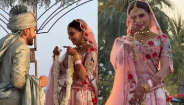 Bride Ditches Red Hue, Dazzles In Hand-Painted Lehenga Featuring Roses With Peacock Embedded Choli